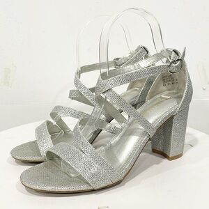Dream Pairs Madison Womens Size 6.5 Silver Glitter Strappy 3" Block Heels‎